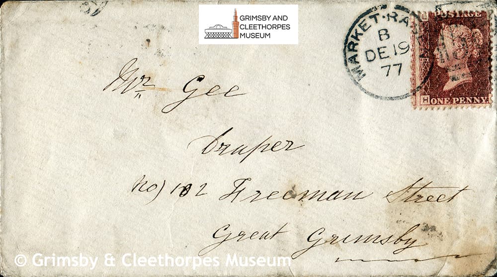 Cover (envelope) from Market Rasen addressed to Mr Gee, draper of Freeman Street, Grimsby 1877